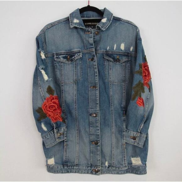 Express Jackets & Blazers - Express Distressed Bohemian Blue Denim Trucker Jacket - S/XS